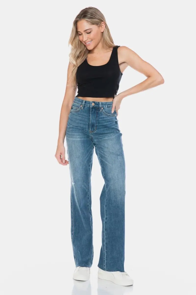 Judy Blue Full Size Tummy Control Cut Raw Hem Straight Jeans - Love Salve